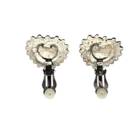 Black Heart Clip-On Vintage Earrings Silver Tone Beaded Edge - Picture 6 of 6
